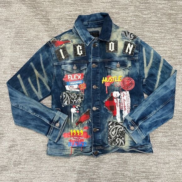 Copper Rivet Icon Jacket Mens Small Denim Patch Distressed Grunge Rock Urban Y2K - Picture 1 of 11